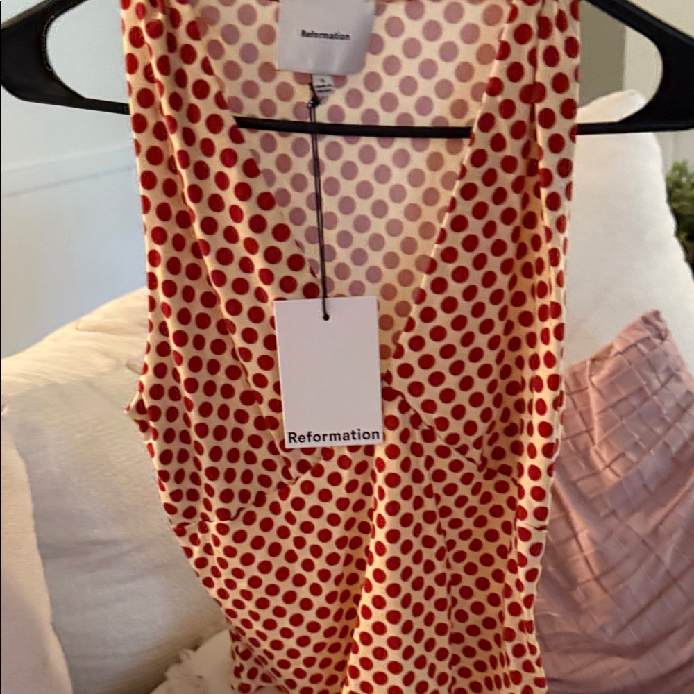 Reformation Cream Dress with Red Polka Dots